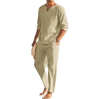 COOFANDY Men' 2 pc Cotton Linen Set Henley Shirt Long Sleeve and Casual Beach Pants Summer