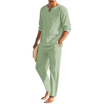 COOFANDY Men' 2 pc Cotton Linen Shirt Set Henley Shirt Long Sleeve and Casual Beach Pants Summer