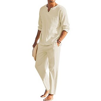 COOFANDY Men' 2 pc Cotton Linen Shirt Set Henley Shirt Long Sleeve and Casual Beach Pants Summer