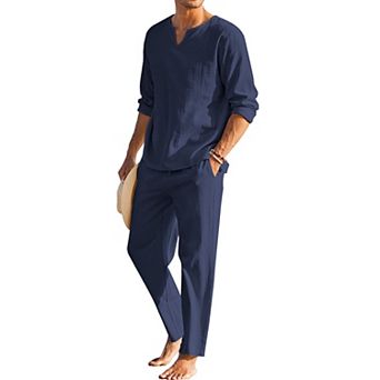 COOFANDY Men' 2 pc Cotton Linen Set Henley Shirt Long Sleeve and Casual Beach Pants Summer