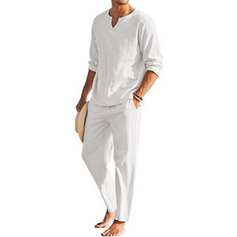 COOFANDY Men' 2 pc Cotton Linen Set Henley Shirt Long Sleeve and Casual Beach Pants Summer