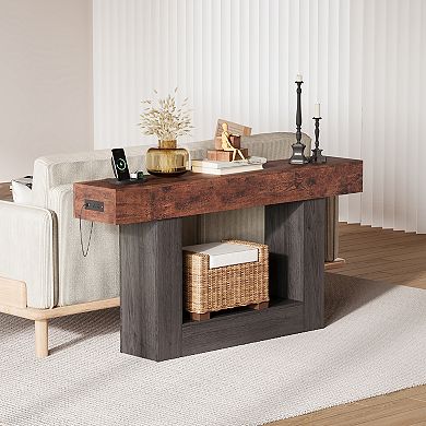 Console Table with 2-Tier Storage & Charging Station,63" Narrow Wooden Sofa Side Table for Entryway
