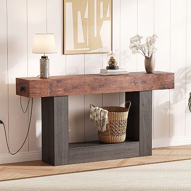 Console Table with 2-Tier Storage & Charging Station,63" Narrow Wooden Sofa Side Table for Entryway