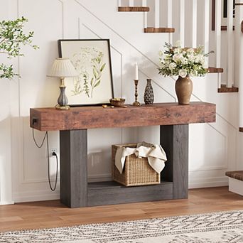 Console Table with 2 tier Storage & Charging Station,63" Narrow Wooden Sofa Side Table for Entryway