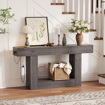Console Table with 2 tier Storage & Charging Station,63" Narrow Wooden Sofa Side Table for Entryway