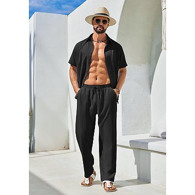 COOFANDY Mens 2 Piece Set Short Sleeve Casual Button Down Shirt Beach Pants Summer Vacation Outfits