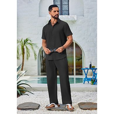 COOFANDY Mens 2 Piece Set Short Sleeve Casual Button Down Shirt Beach Pants Summer Vacation Outfits