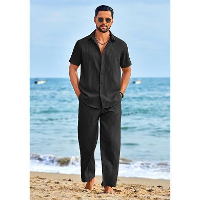 COOFANDY Mens 2 Piece Set Short Sleeve Casual Button Down Shirt Beach Pants Summer Vacation Outfits