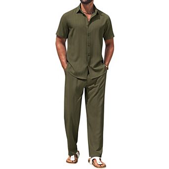 COOFANDY Mens 2 pc Set Short Sleeve Casual Button Down Shirt Beach Pants Summer Vacation Outfits