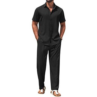 COOFANDY Mens 2 pc Set Short Sleeve Casual Button Down Shirt Beach Pants Summer Vacation Outfits
