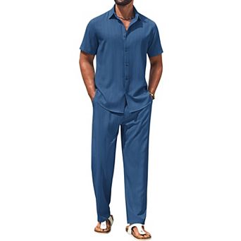 COOFANDY Mens 2 pc Set Short Sleeve Casual Button Down Shirt Beach Pants Summer Vacation Outfits