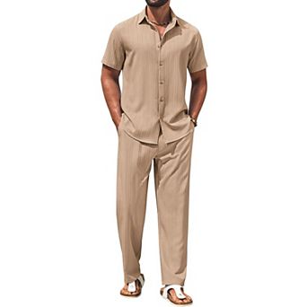 COOFANDY Mens 2 pc Set Short Sleeve Casual Button Down Shirt Beach Pants Summer Vacation Outfits