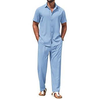 COOFANDY Mens 2 pc Set Short Sleeve Casual Button Down Shirt Beach Pants Summer Vacation Outfits
