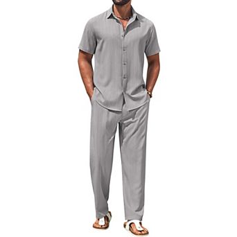 COOFANDY Mens 2 pc Set Short Sleeve Casual Button Down Shirt Beach Pants Summer Vacation Outfits