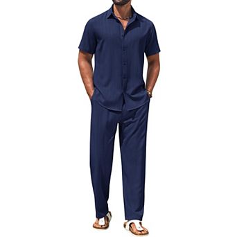 COOFANDY Mens 2 pc Set Short Sleeve Casual Button Down Shirt Beach Pants Summer Vacation Outfits