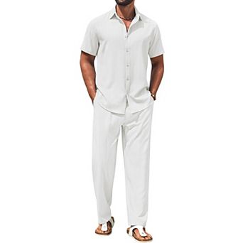 COOFANDY Mens 2 pc Set Short Sleeve Casual Button Down Shirt Beach Pants Summer Vacation Outfits
