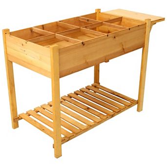 Raised Garden Bed with 8 Grow Grids & Foldable Side Shelf, Elevated Wooden Planter Box for Backyard