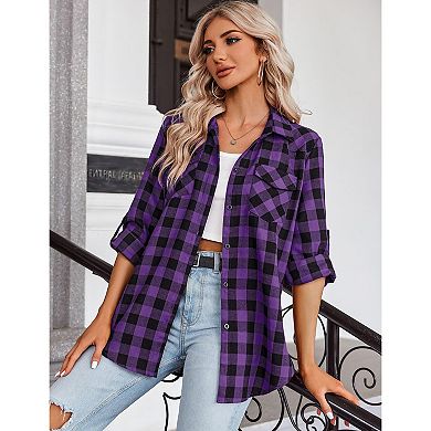 Zeagoo Womens Flannel Shirts Long/Roll Up Sleeve Collared Button Down Plaid Shirt Casual Work Tops