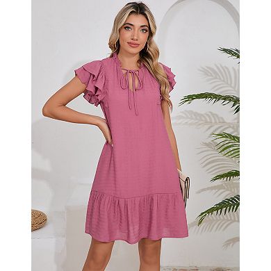 Women's Double Layer Ruffled Babydoll Dress Lantern Sleeve Midi Dress