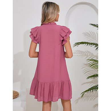 Women's Double Layer Ruffled Babydoll Dress Lantern Sleeve Midi Dress