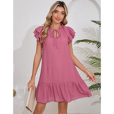 Women's Double Layer Ruffled Babydoll Dress Lantern Sleeve Midi Dress