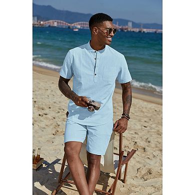 COOFANDY Men' Summer Beach Outfits 2 Piece Linen Sets for Men Casual Vacation Short Sleeve Shirts