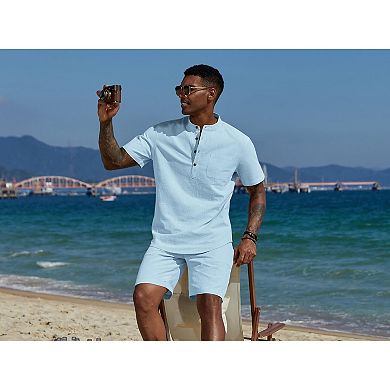 COOFANDY Men' Summer Beach Outfits 2 Piece Linen Sets for Men Casual Vacation Short Sleeve Shirts