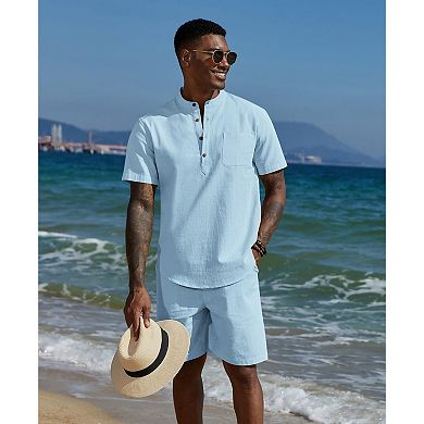 COOFANDY Men' Summer Beach Outfits 2 Piece Linen Sets for Men Casual Vacation Short Sleeve Shirts