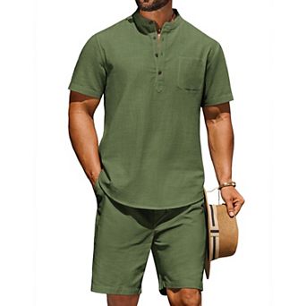 COOFANDY Men' Summer Beach Outfits 2 pc Linen Sets for Men Casual Vacation Short Sleeve Shirts