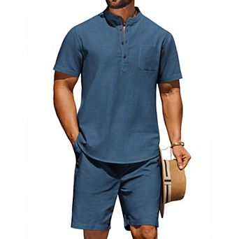 COOFANDY Men' Summer Beach Outfits 2 pc Linen Sets for Men Casual Vacation Short Sleeve Shirts