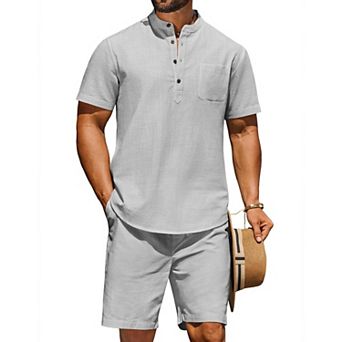 COOFANDY Men' Summer Beach Outfits 2 pc Linen Sets for Men Casual Vacation Short Sleeve Shirts