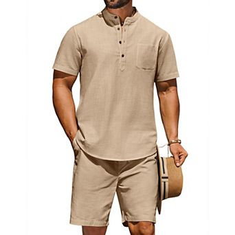 COOFANDY Men' Summer Beach Outfits 2 pc Linen Sets for Men Casual Vacation Short Sleeve Shirts