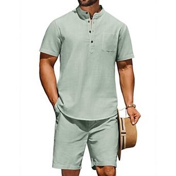 COOFANDY Men' Summer Beach Outfits 2 pc Linen Sets for Men Casual Vacation Short Sleeve Shirts