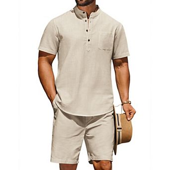 COOFANDY Men' Summer Beach Outfits 2 pc Linen Sets for Men Casual Vacation Short Sleeve Shirts