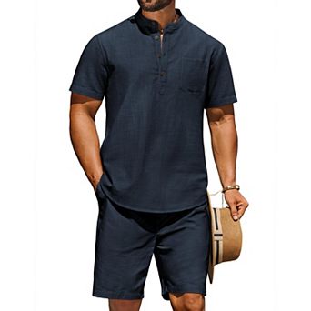 COOFANDY Men' Summer Beach Outfits 2 pc Linen Sets for Men Casual Vacation Short Sleeve Shirts