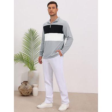 Men's Casual Quarter Zip Pullover Color Block Long Sleeves Polo T-Shirts