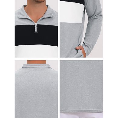 Men's Casual Quarter Zip Pullover Color Block Long Sleeves Polo T-Shirts