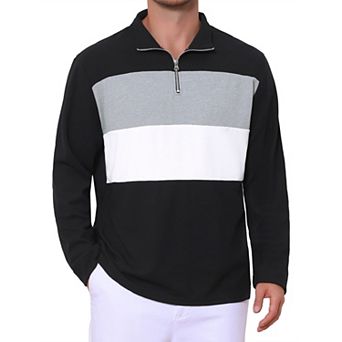Men's Casual Quarter Zip Pullover Color Block Long Sleeves Polo T-Shirts