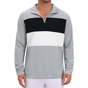 Men's Casual Quarter Zip Pullover Color Block Long Sleeves Polo T-Shirts