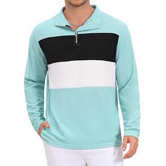 Men's Casual Quarter Zip Pullover Color Block Long Sleeves Polo T-Shirts