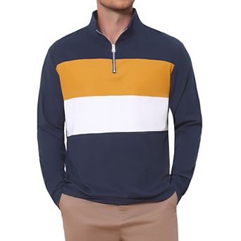 Men's Casual Quarter Zip Pullover Color Block Long Sleeves Polo T-Shirts