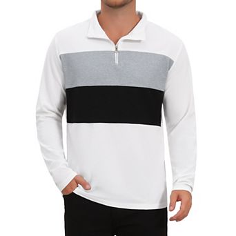 Men's Casual Quarter Zip Pullover Color Block Long Sleeves Polo T-Shirts