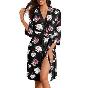 Ekouaer Women Kimono Robe Knee Length Knit Bathrobe Lightweight 3/4 Sleeve Loungewear Soft