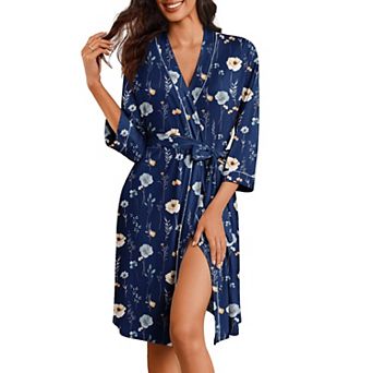 Ekouaer Women Kimono Robe Knee Length Knit Bathrobe Lightweight 3/4 Sleeve Loungewear Soft