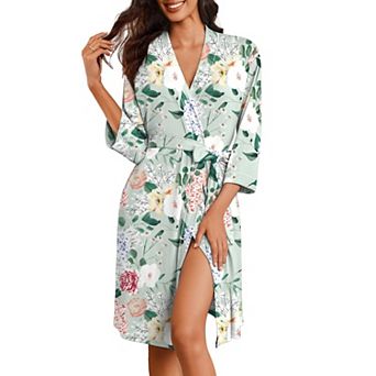 Ekouaer Women Kimono Robe Knee Length Knit Bathrobe Lightweight 3/4 Sleeve Loungewear Soft