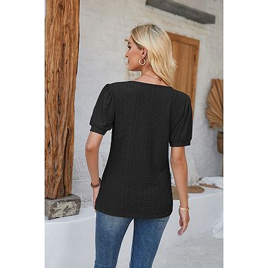 Women's Eyelet Puff Sleeve Top Button Front Scoop Neck Casual Blouse