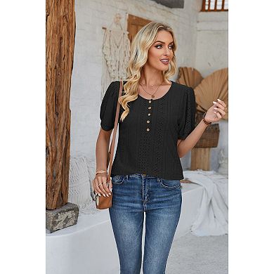 Women's Eyelet Puff Sleeve Top Button Front Scoop Neck Casual Blouse