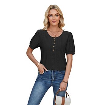 Women's Eyelet Puff Sleeve Top Button Front Scoop Neck Casual Blouse