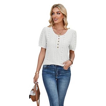 Women's Eyelet Puff Sleeve Top Button Front Scoop Neck Casual Blouse