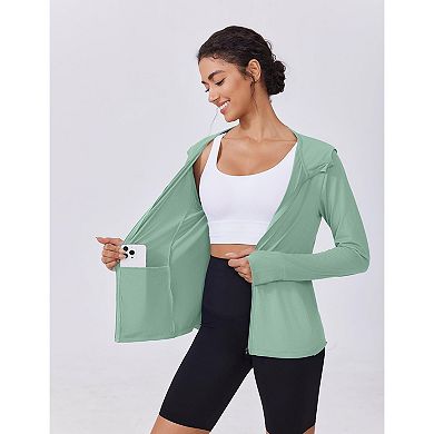 Pinspark Women's Hooded Running Jacket Sun Protection Full Zip Slim Fit Active Jacket with Pockets